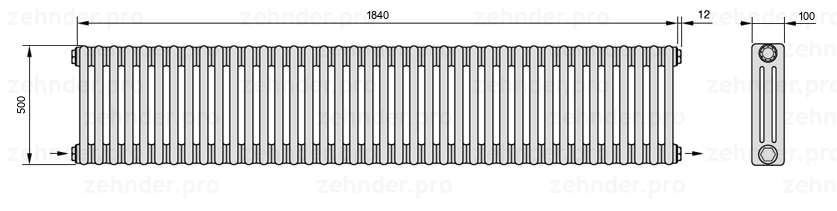 Схема (чертеж) Радиатор Zehnder Charleston 3050/40 №2670 Белый глянцевый RAL 9016